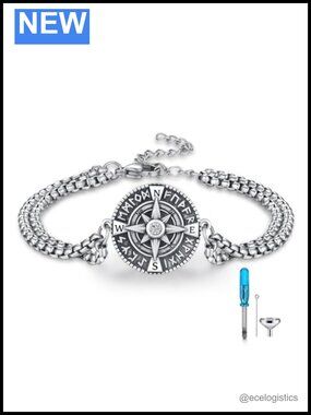 925 Sterling Silver Viking Compass Urn Bracelet Ashes Keepsake Memorial